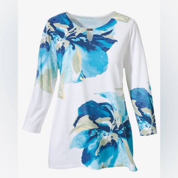 Chico's Tops - Chicos Iris Bloom Floral Petals Modal Cotton Blend 3/4 Sleeve Tunic